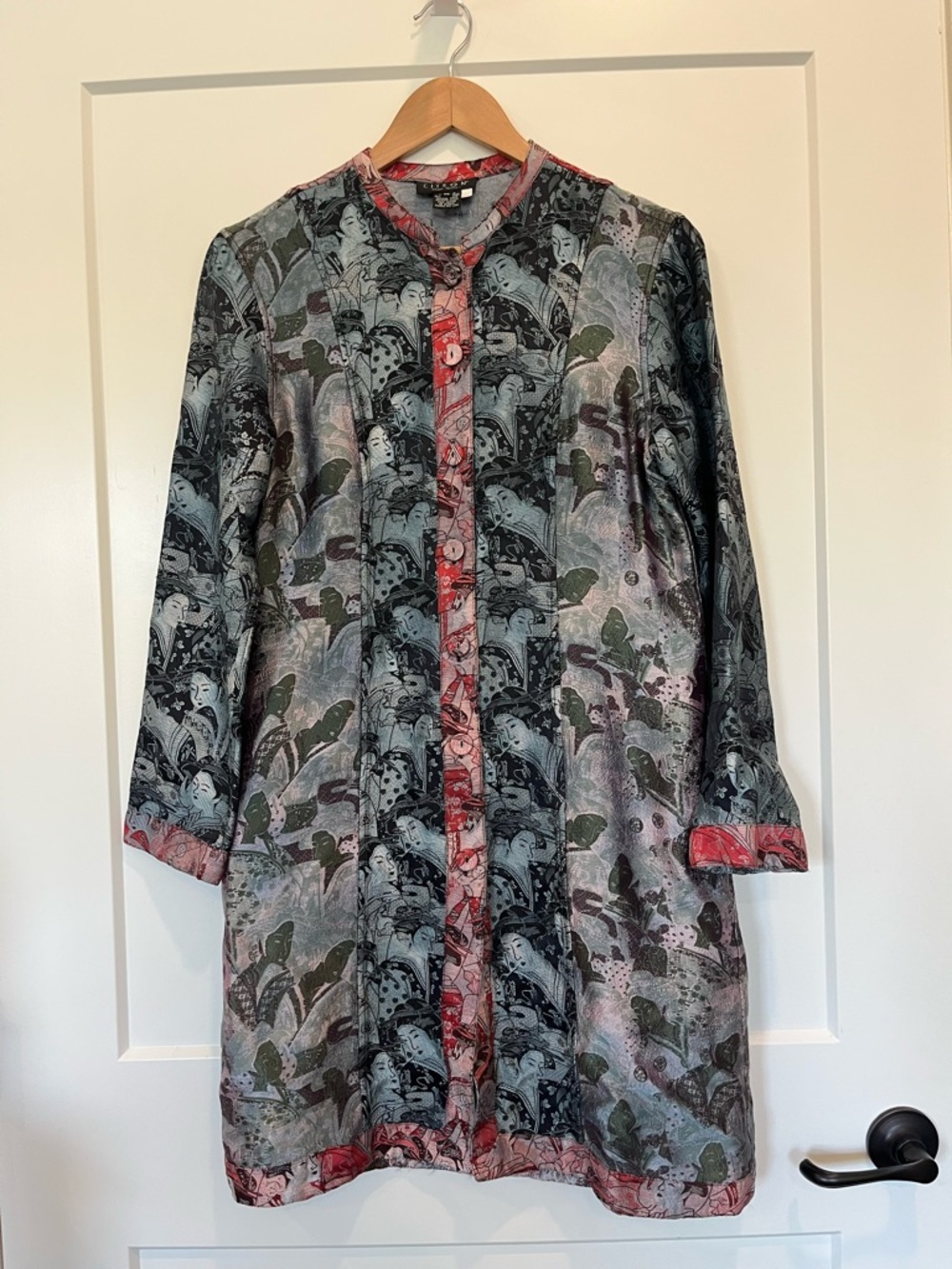 Vtg Citron Santa Monica mandarin collar Asian art to wear silk blend 90s jacket